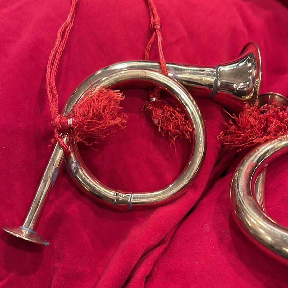 Vintage 2brass French horns. Leave as is if you like the aged tarnish.